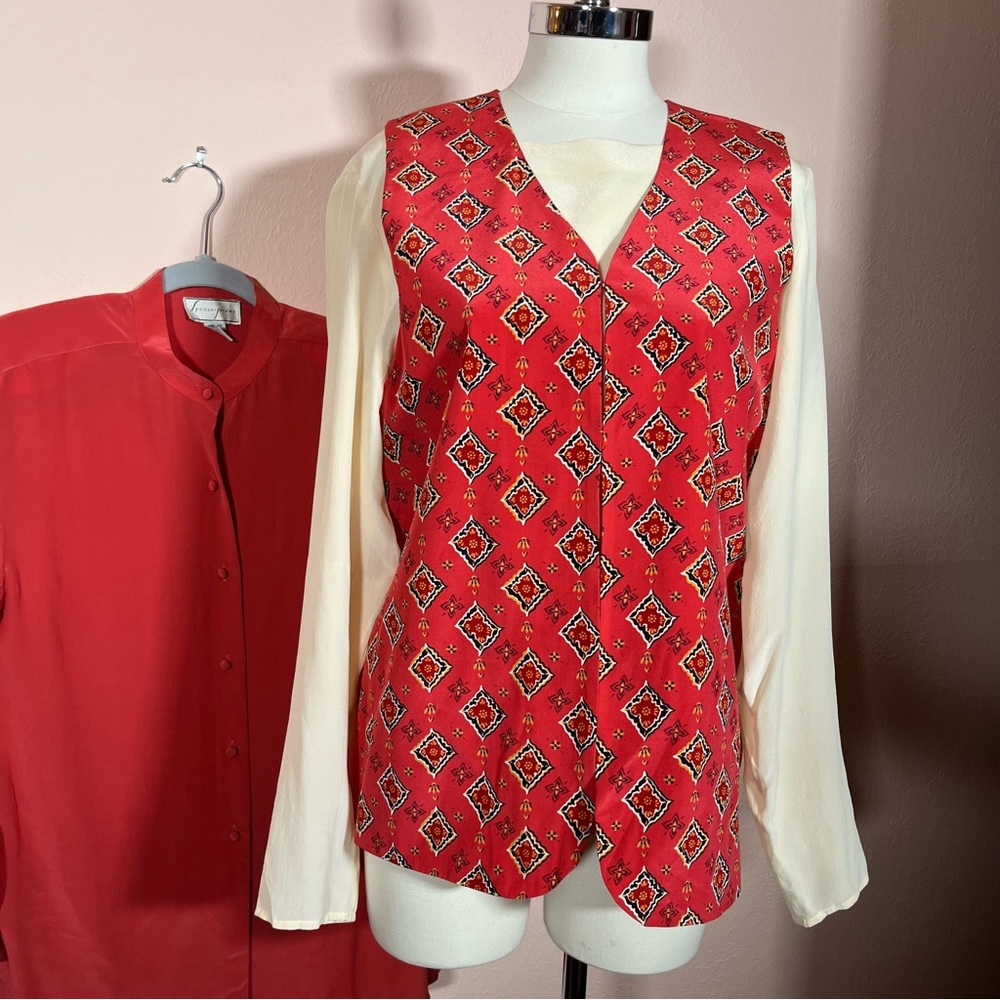 Vintage 1990 Southwestern Oversized Red silk Vest Tunic Blouse set